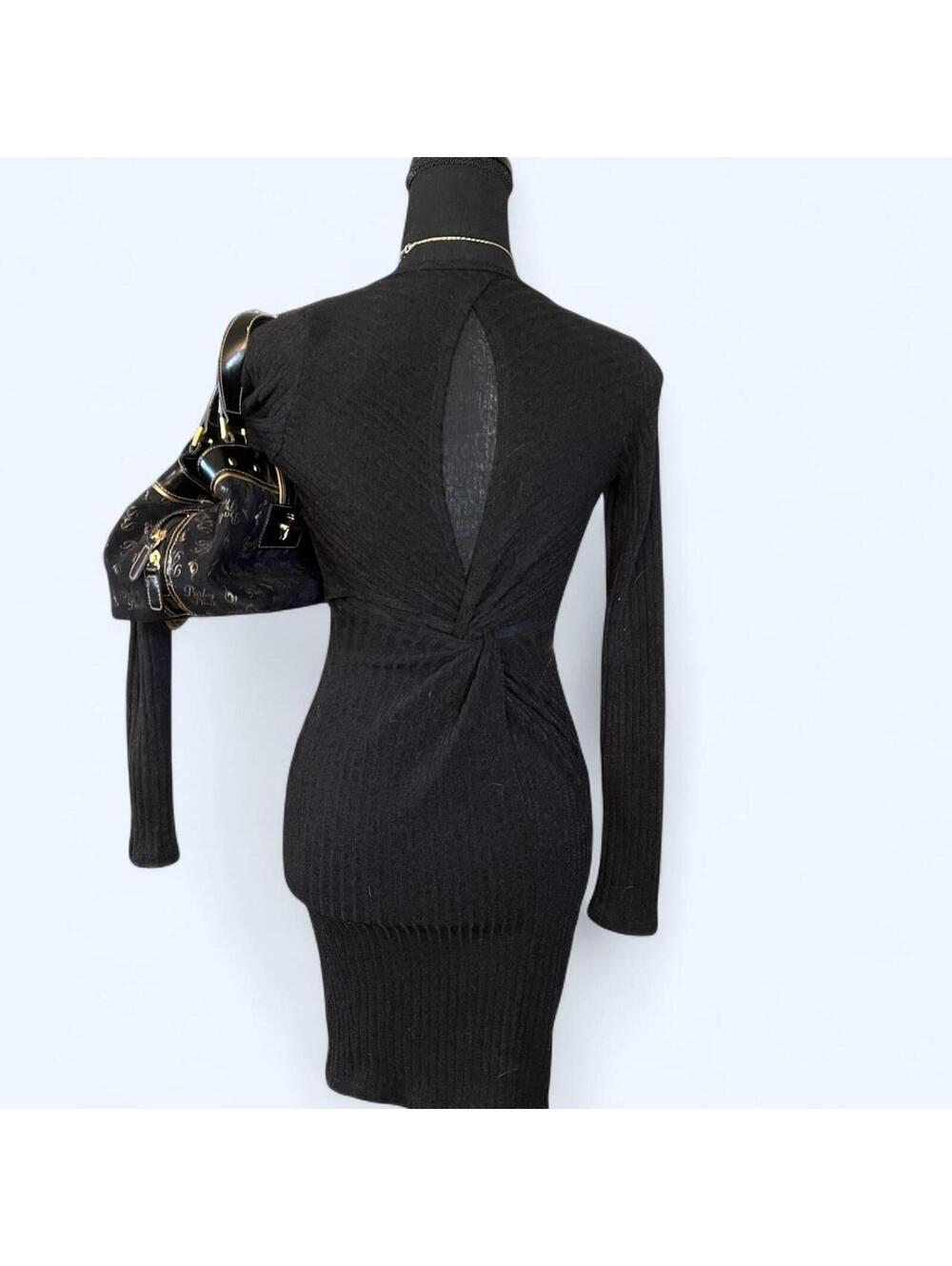 Black ribbed bodycon mini dress long sleeve minimalist basics size XS - Picture 4 of 6